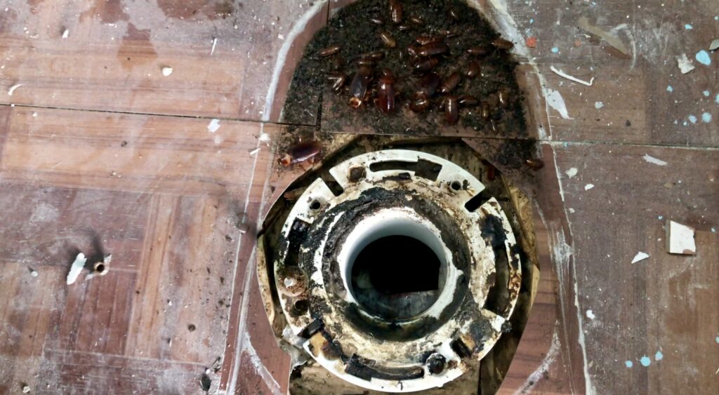 family of cockroaches near toilet bathroom pipe