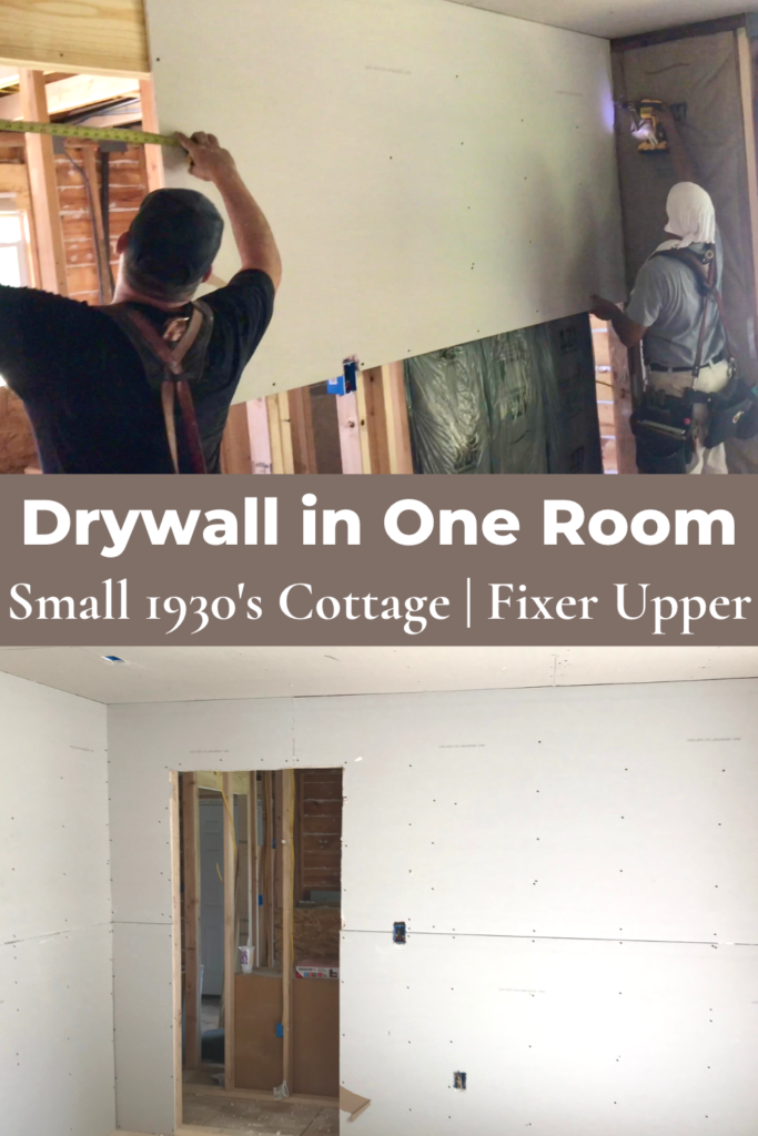 two men installing drywall in fixer upper and drywall completed in one room