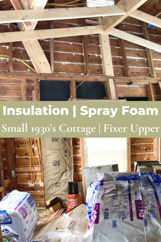 vaulted ceiling, spray foam in siding cracks, and fiber glass insulation