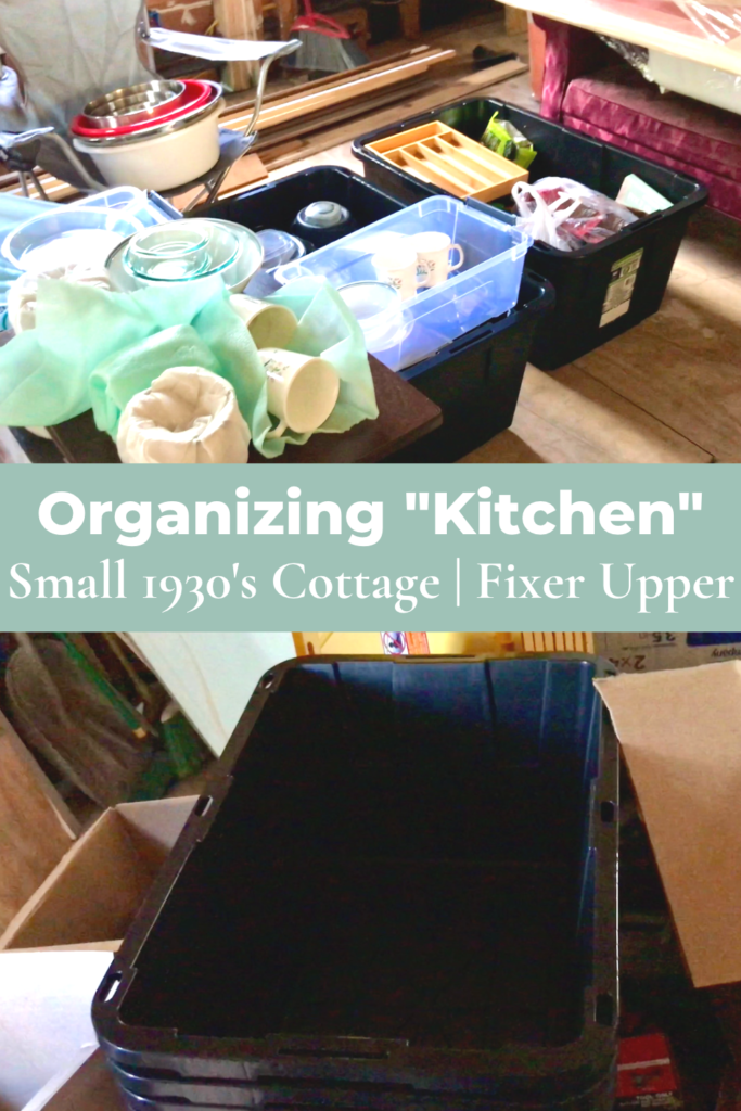 kitchen items in storage totes in fixer upper cottage AND large storage totes