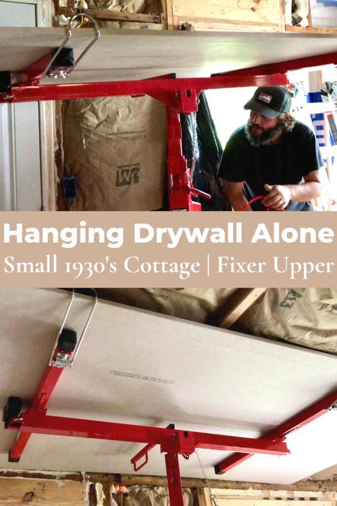 man using drywall hoist to hang drywall on ceiling AND drywall hoist being used to hang drywall on ceiling
