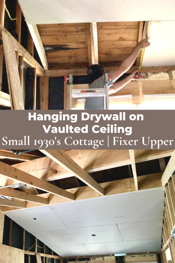 man measuring drywall pieces for vaulted ceiling AND drywall on one side of vaulted ceiling