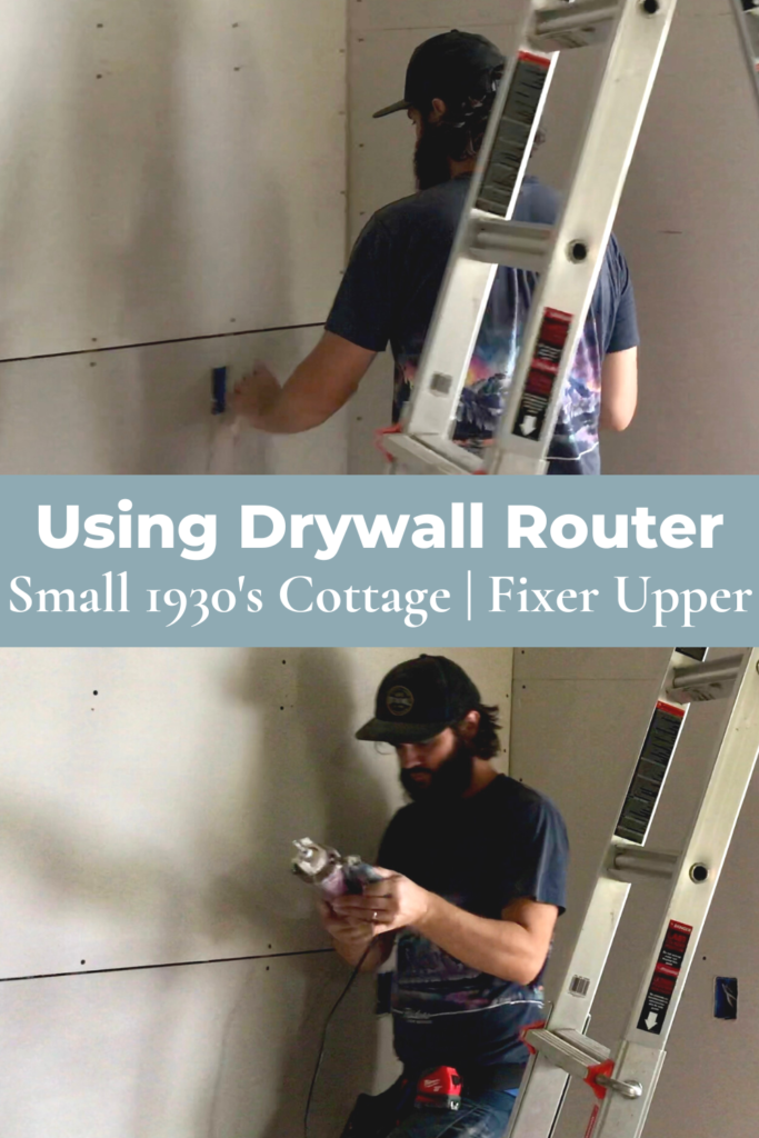 man using drywall router to cut holes in drywall for utilities