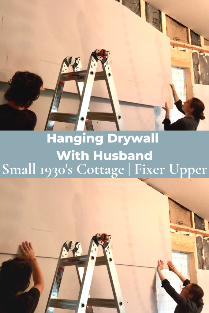 man and woman hanging drywall together