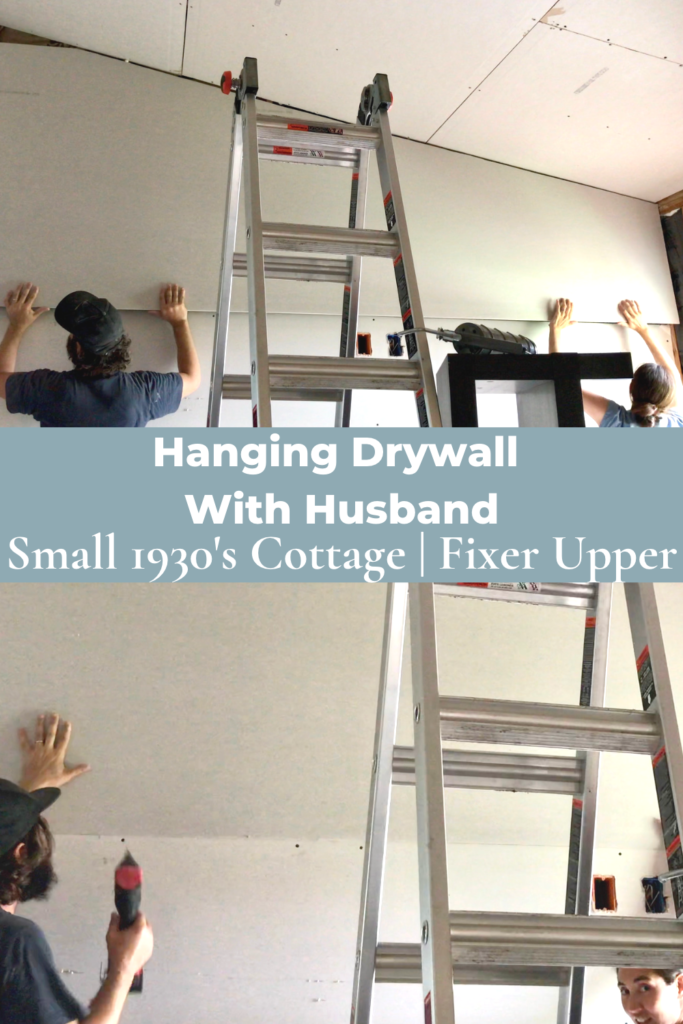 man and woman hanging drywall together