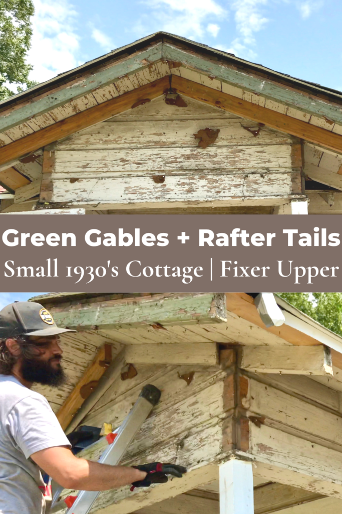 original green gable exposed and man on ladder touching original siding under original green gable