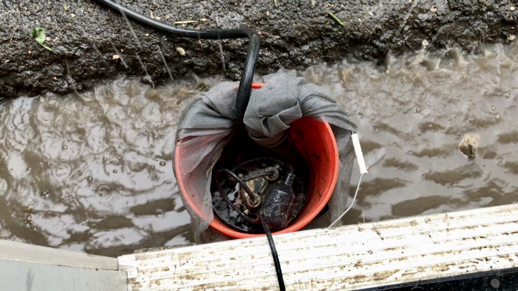 sump pump in bucket to drain rain water
