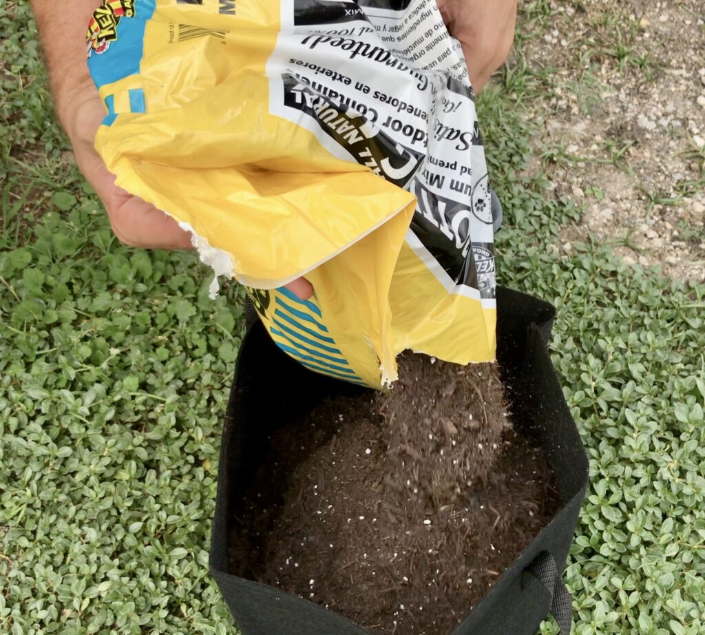 man pouring garden soil into grow bag
