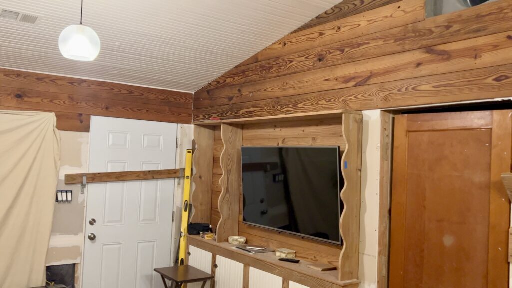 antique shiplap on walls with beadboard on the ceiling