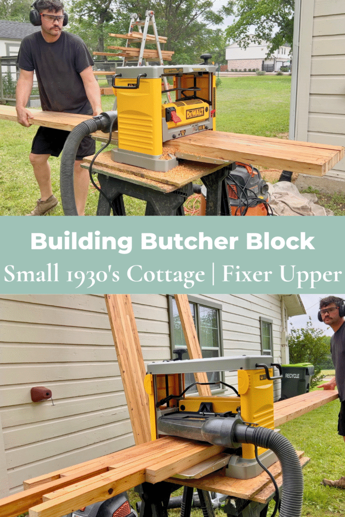 man planing butcher block countertop in planer