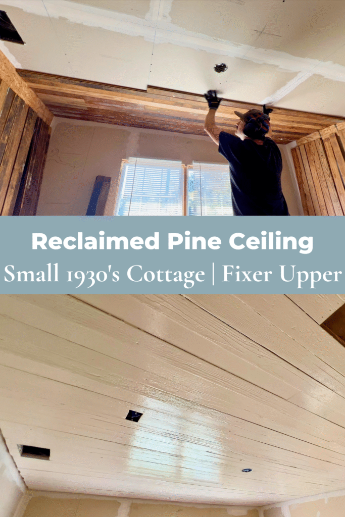 man installing reclaimed wood on ceiling and painted wood ceiling