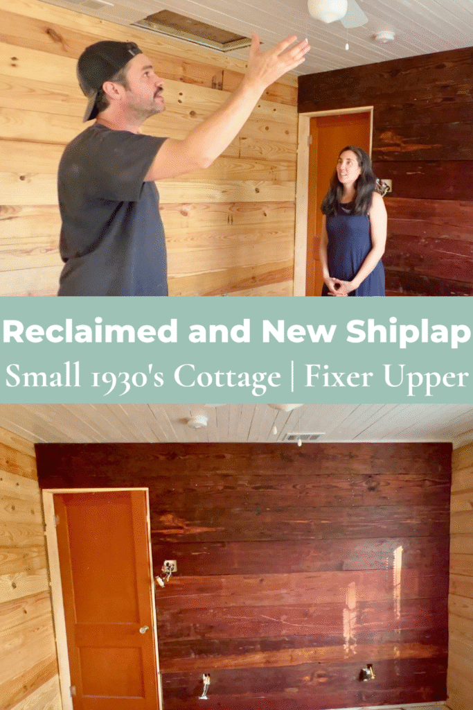 man motioning with hand to woman in room filled with reclaimed and new shiplap